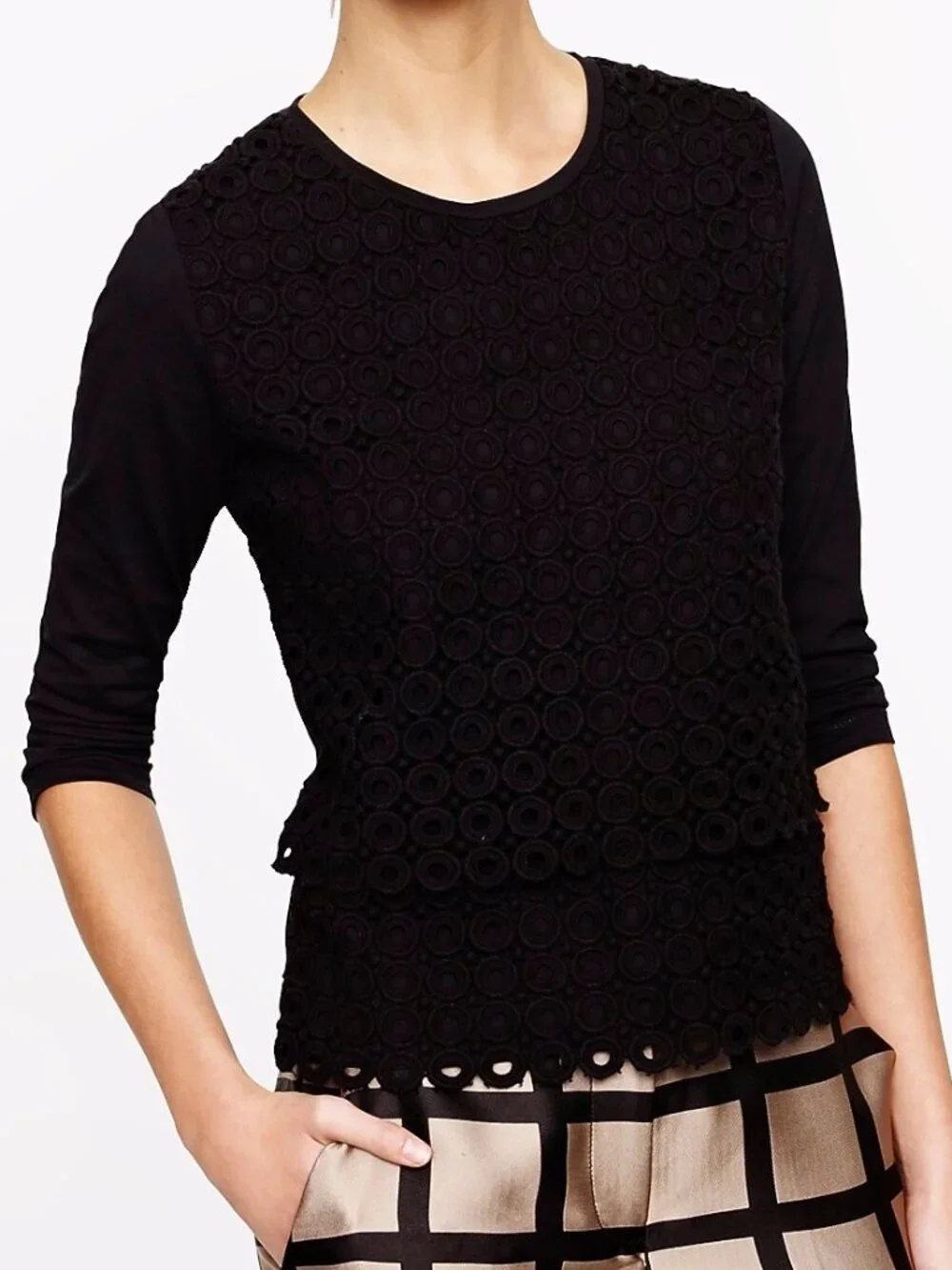 J. Crew black circle crochet lace layered tiered 3/4 sleeve cotton top